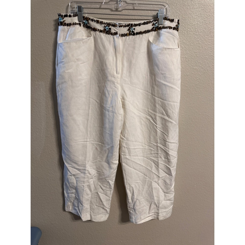Larry Levine Sport Linen Capri Pants Beaded Waist‎ White Size 14